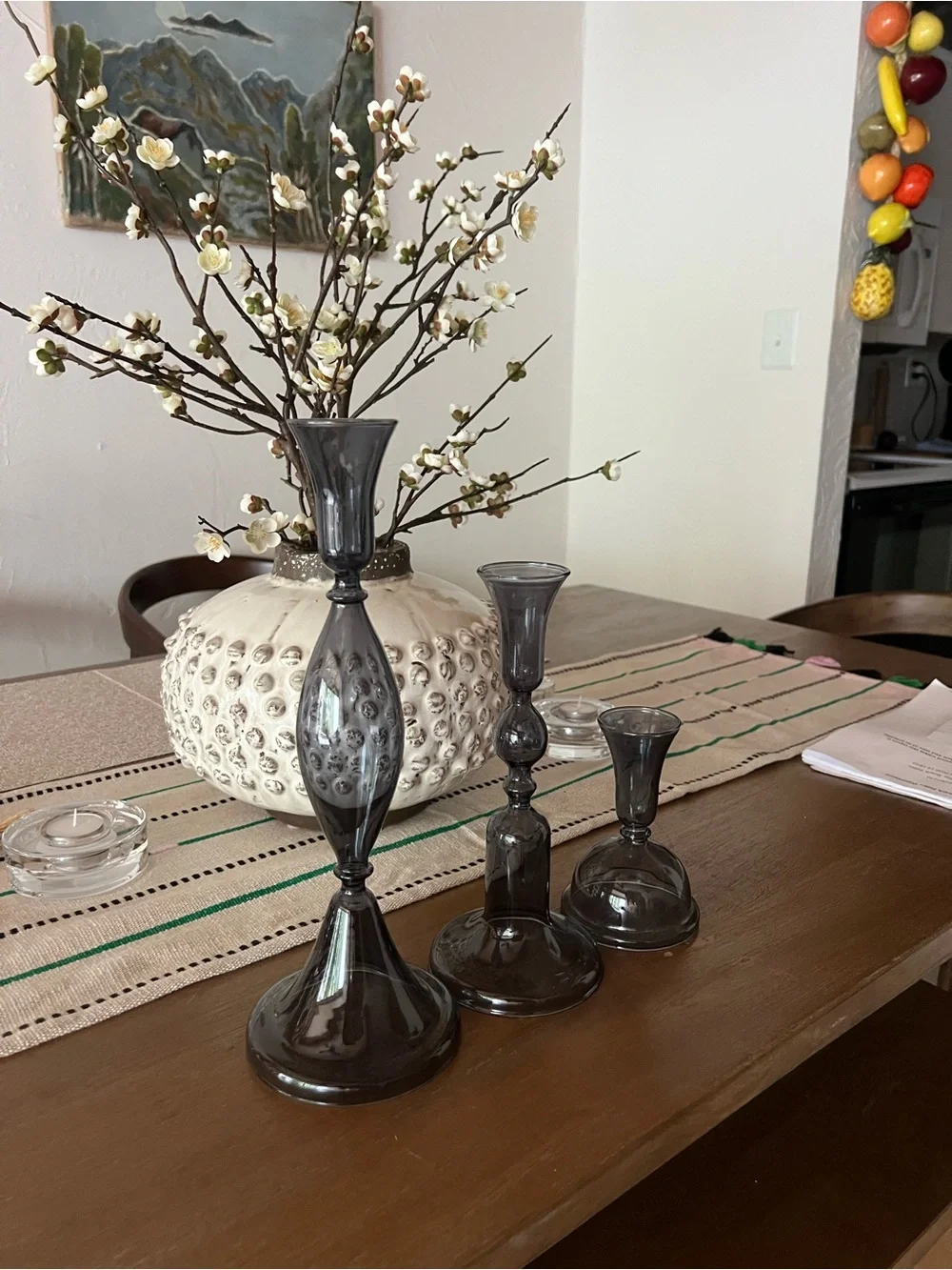CRATE & BARREL. Smoked Blue Glass Taper Candle Holders - Set of 3